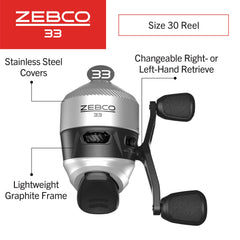 Zebco 33 Spincast reel side retrieve illustration highlighting right and left-handed options.