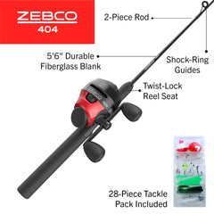 Zebco 404 5ft6in two-piece-rod supports versatile shore-to-boat fishing.