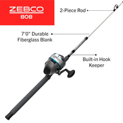 Zebco 808 saltwater 7ft rod assembly for versatile all-day fishing.