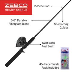 Zebco Ready Tackle rod and reel setup demonstrates compact, versatile fishing for ponds and rivers.