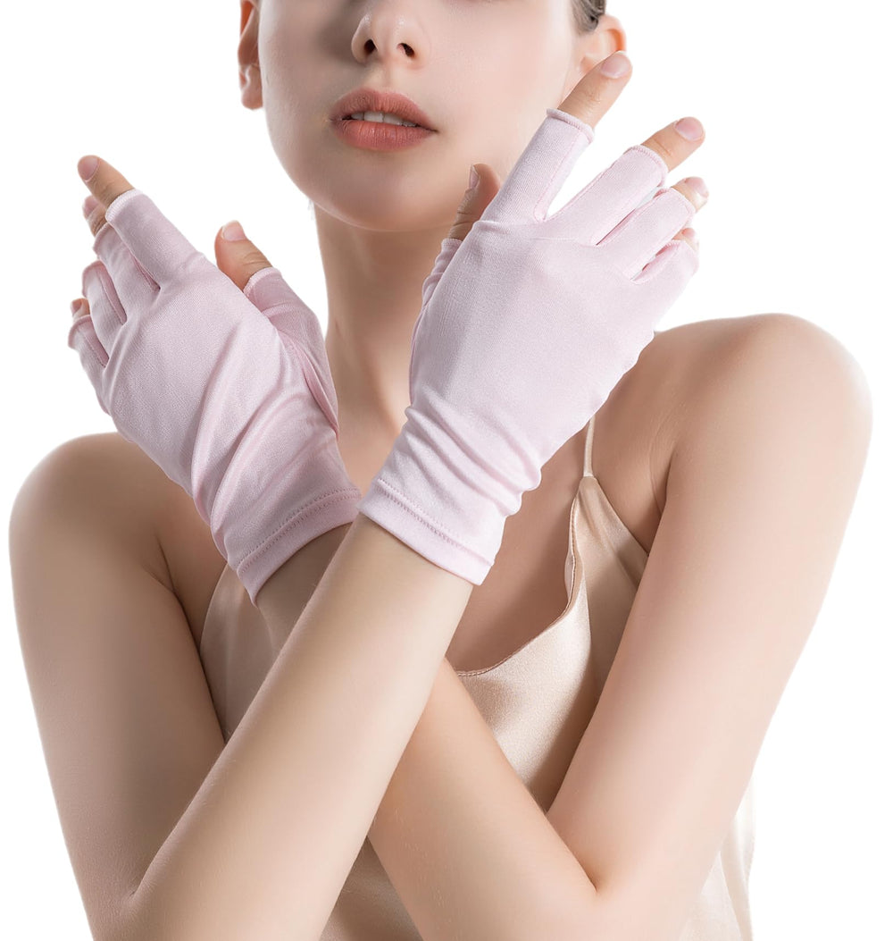 ZEEREE silk half-finger gloves pink dual-pack packaging, ideal for travel sun protection