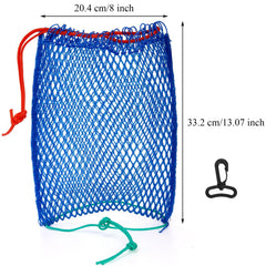 Close-up of blue crab trap bait bag showing braided mesh and polyethylene material
