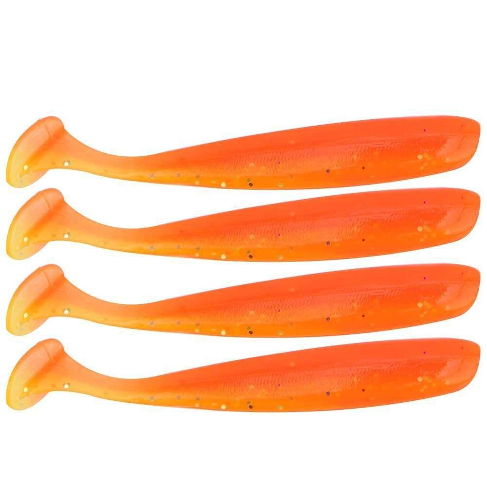 Zerone orange T-tail soft lure drawing bass with lifelike action.