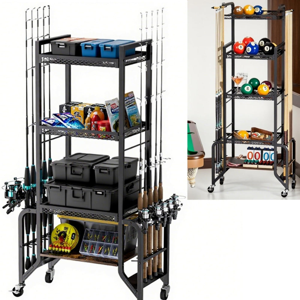 ZERTNROW 10-rod fishing gear storage unit with 4-tier shelves and wheels