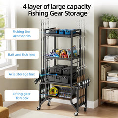 Open shelving showing room for rods, tackle boxes, and reels