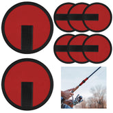 Eight red fishing covers (6 inches) displayed together