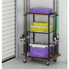 Rod-and-reel sets secured on the multi-shelf storage rack