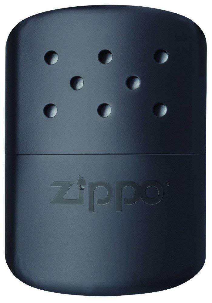 Zippo hand warmer 12-hour matte black, front view showing compact, pocket-friendly design.