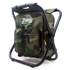 Zology folding camping chair backpack side view showing portable, lightweight seating for outdoor trips.