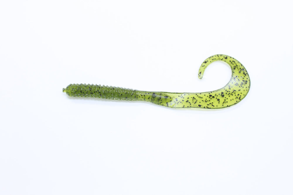 Zoom Bait 8-inch Dead Ringer Watermelon Seed with ringed body and curly tail for grass pocket bass