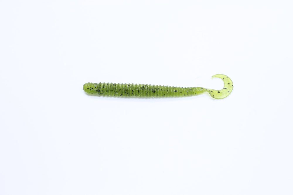 Zoom Bait Dead Ringer 4-Inch Watermelon Seed front view showing ringed body and curly tail.