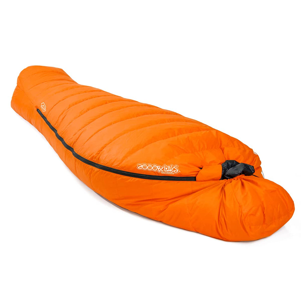ZOOOBELIVES 10°F sleeping bag close-up highlighting plush down for four-season warmth and quick-drying comfort.