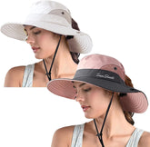 ZOORON women's ponytail safari sun hat front view showing protective wide brim