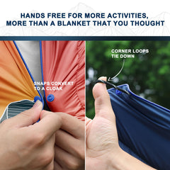 zzlamb Puffy Camping Blanket worn as a poncho provides hands-free comfort in cool weather.