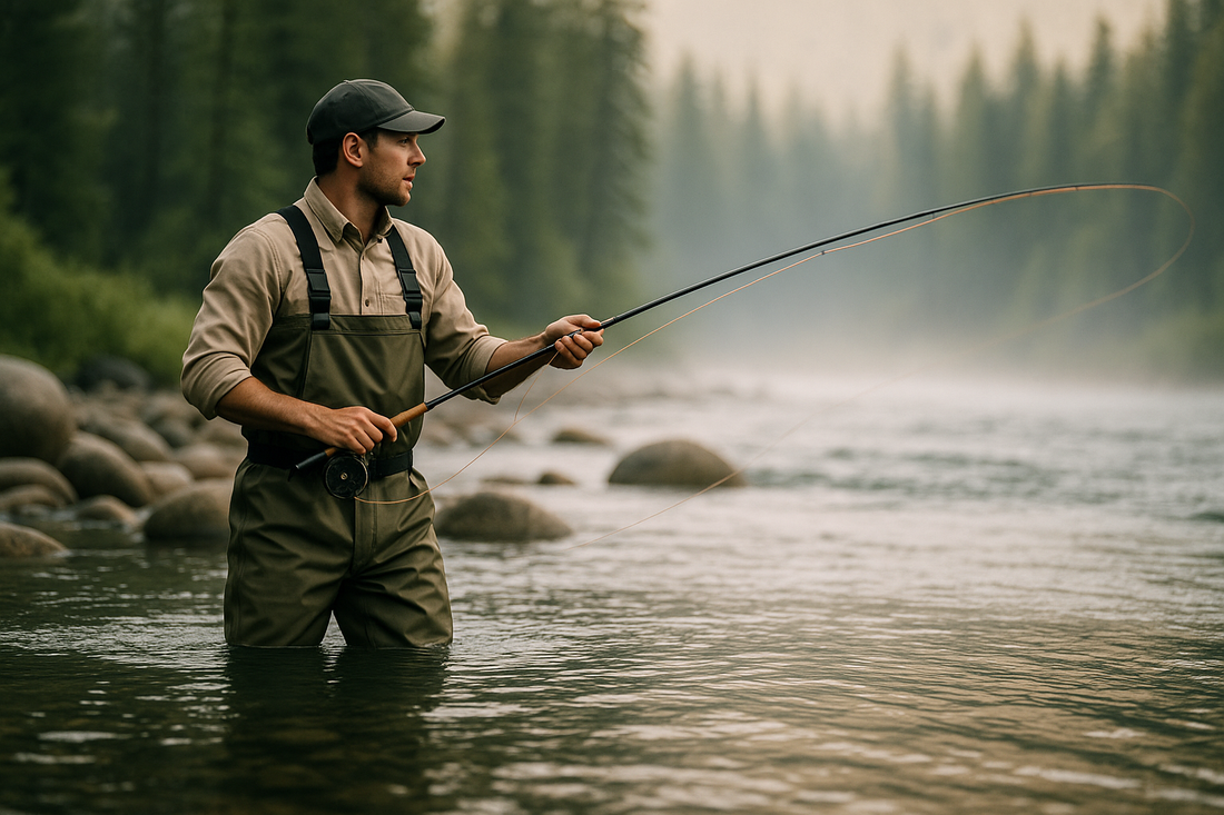 An angler in chest waders fly fishing waist-deep in a clear Canadian river surrounded by pine forest