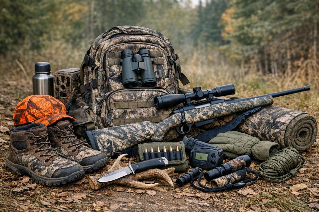 Beginner deer hunting accessories laid out for field use