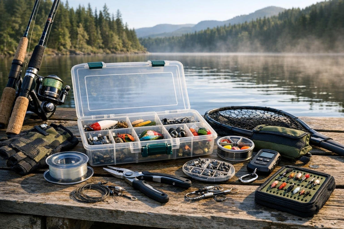 assorted fishing accessories and tackle box on dock
