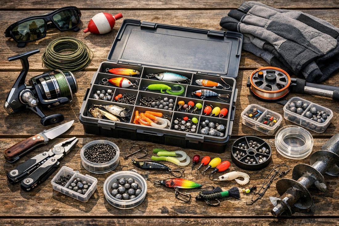 Assorted fishing accessories and tackle organized in a tackle box