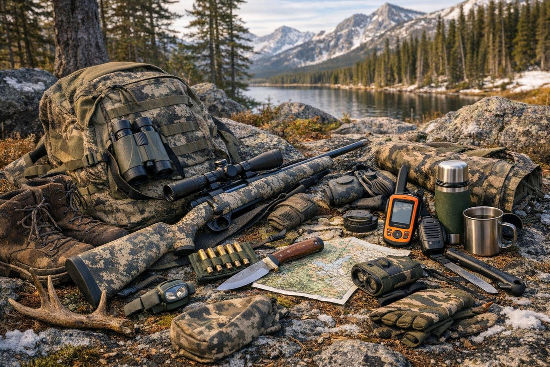 Assorted hunting accessories laid out for preparation in Canadian backcountry