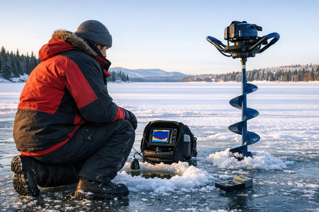 Canadian angler using sonar and auger on frozen lake