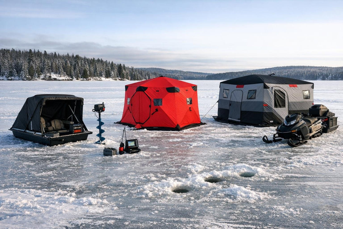 Comparison of ice fishing shelters on a frozen Canadian lake