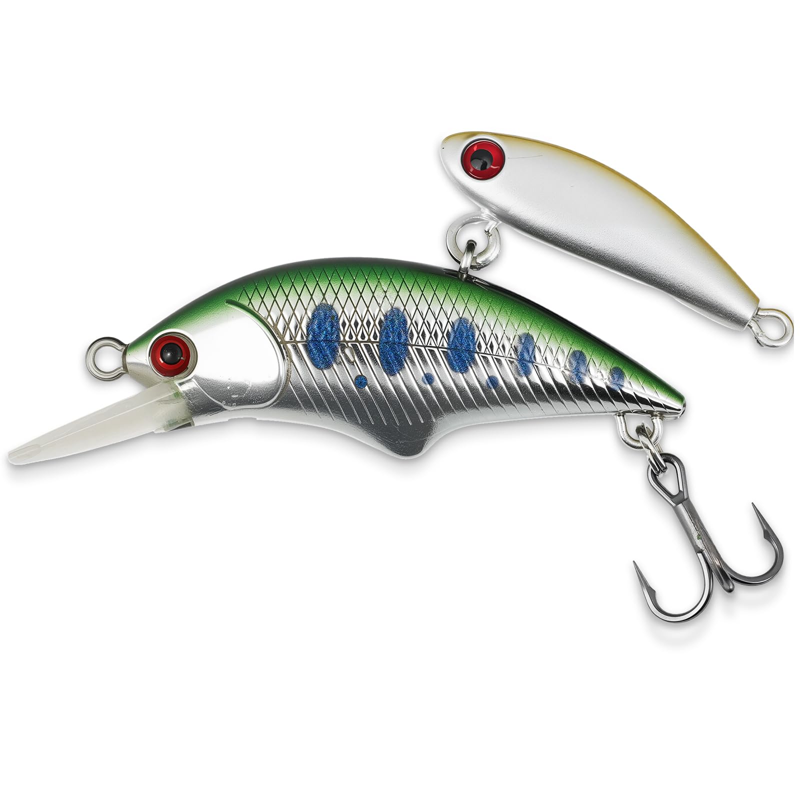Front view of fishing lure with green back, blue spots and red eye design