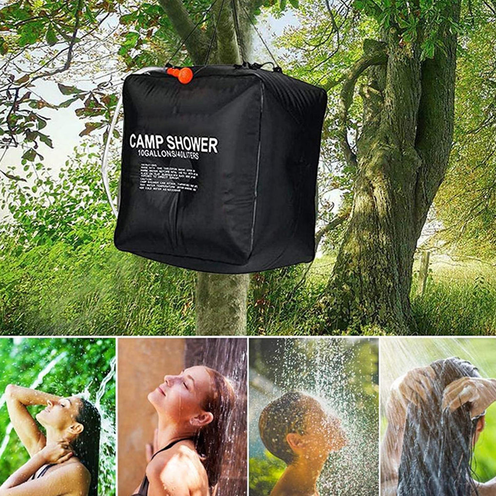 01 Black heat-absorbing material speeds warming in sun for outdoor showers.