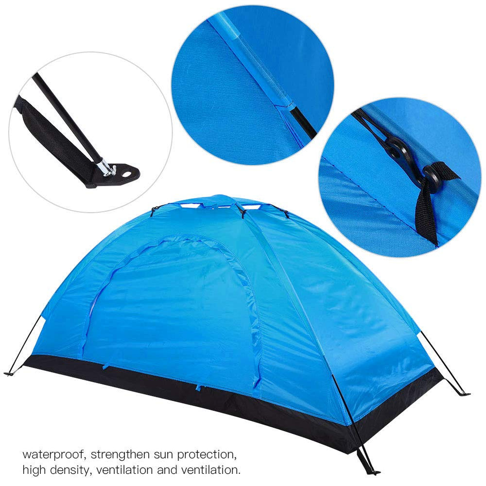 01 Camping Tent blue side view highlights lightweight portability for quick setup.