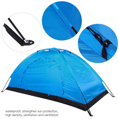 01 Camping Tent blue side view highlights lightweight portability for quick setup.