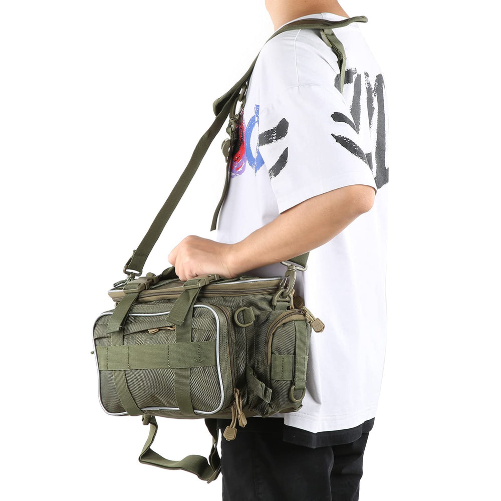 01 Fishing Organizer Shoulder Satchel side pocket for quick-access gear.
