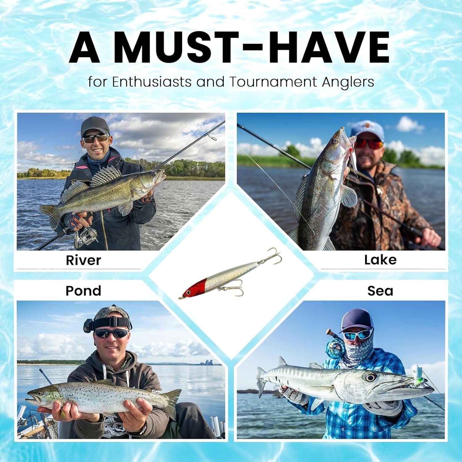 Open tackle box displaying five lures in individual compartments