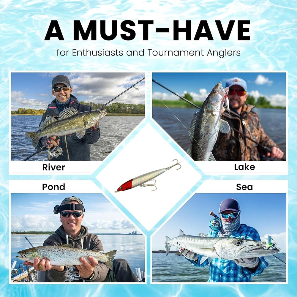 Open tackle box displaying five lures in individual compartments