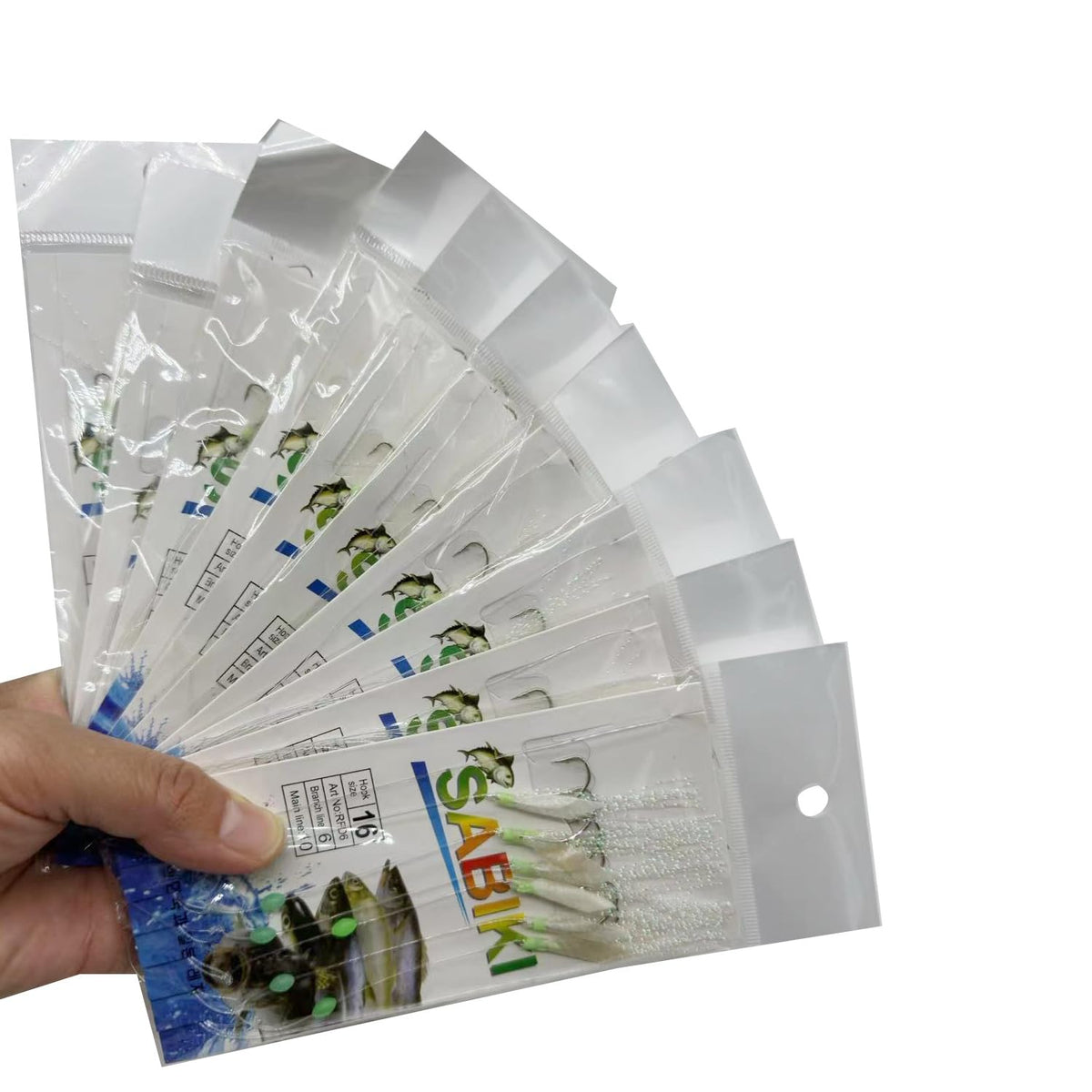 Glow Sabiki rigs with glow beads and high-carbon hooks, sizes 8-16