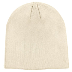 Front view of 100% cotton unisex beige beanie hat