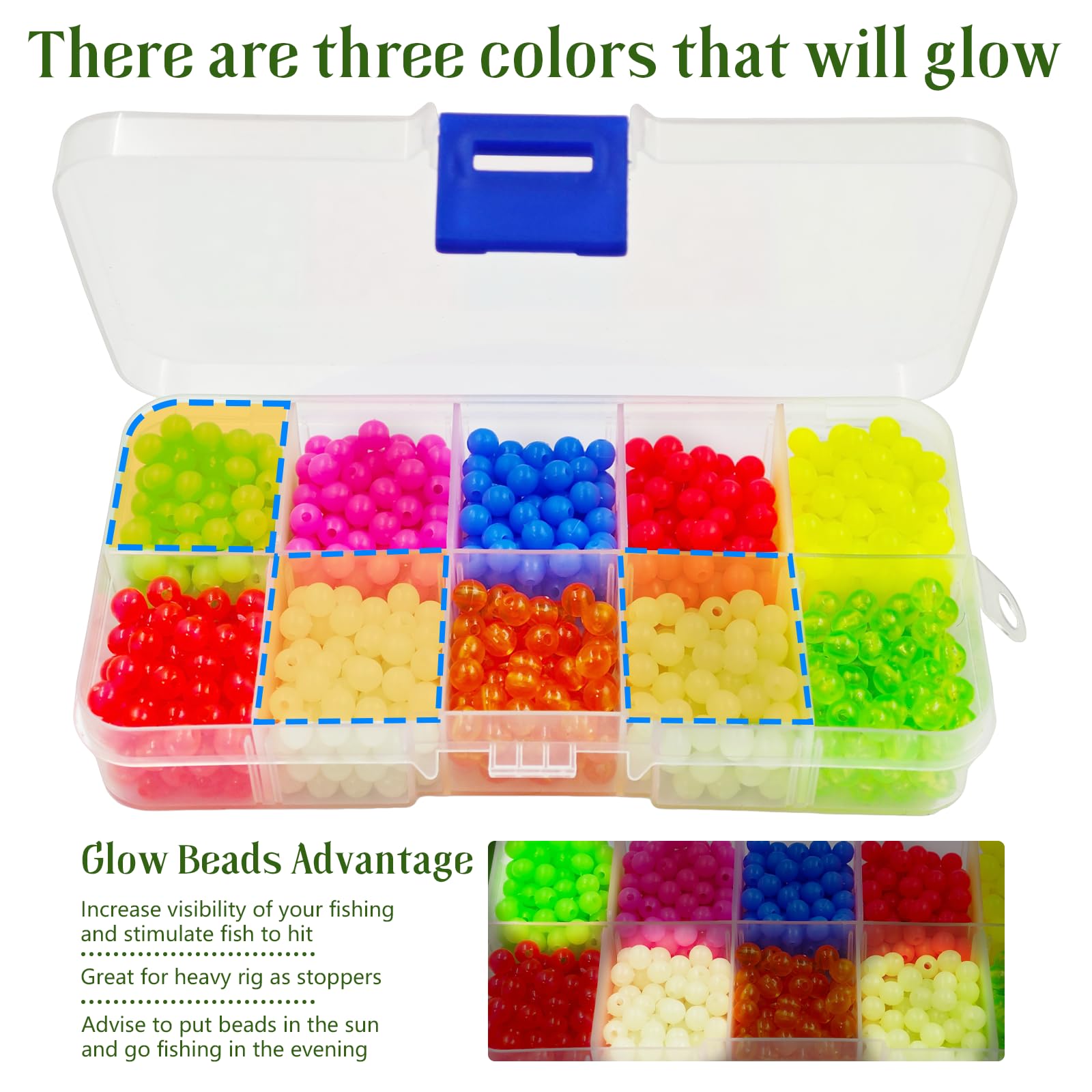 Beads for fishing rigs – glow colors and multi-color mix