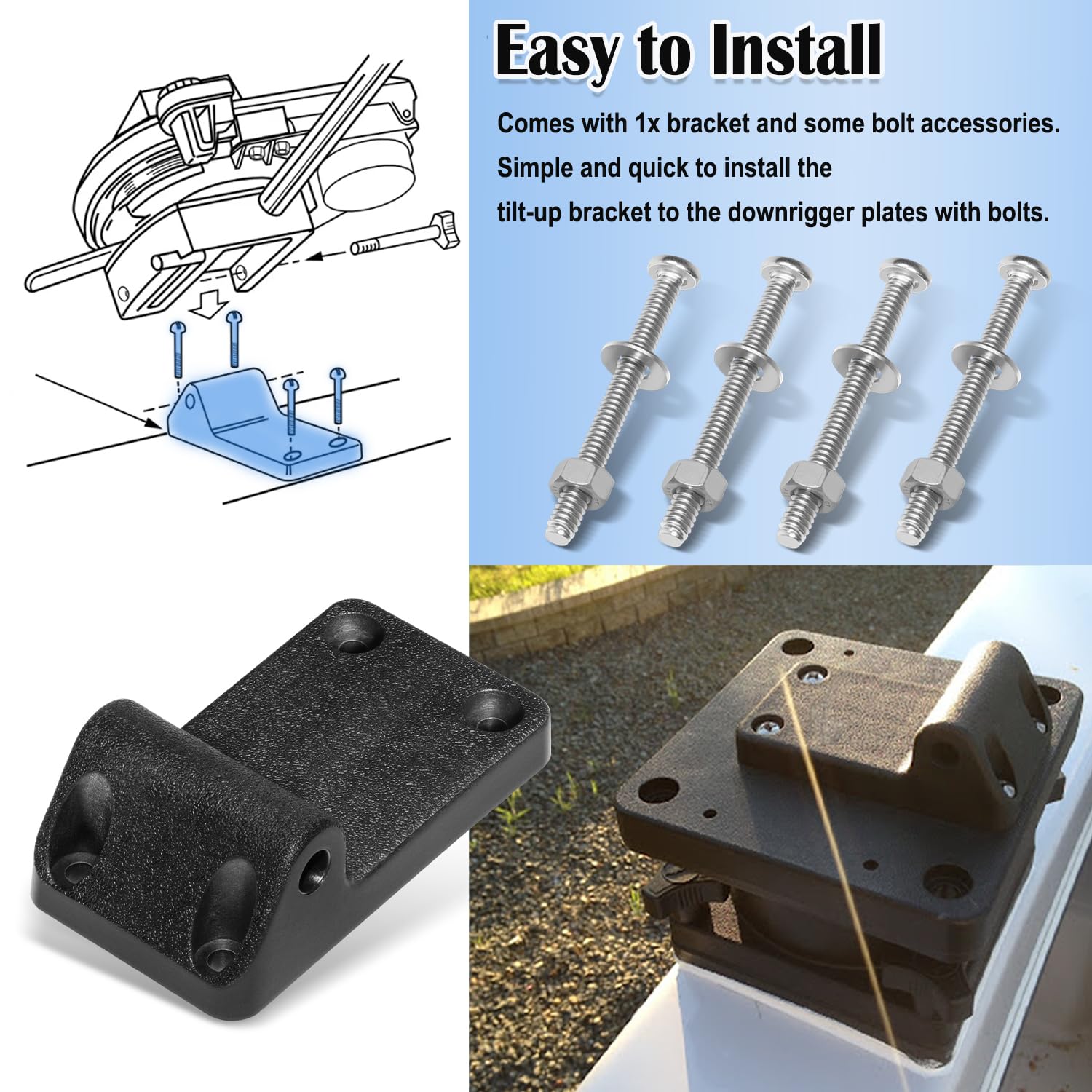 1023 Tilt-up bracket installed on downrigger in upright position – side view 2