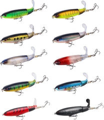 10Pcs Bass Topwater Lures Whopper Popper with floating rotating tail and 3D eyes