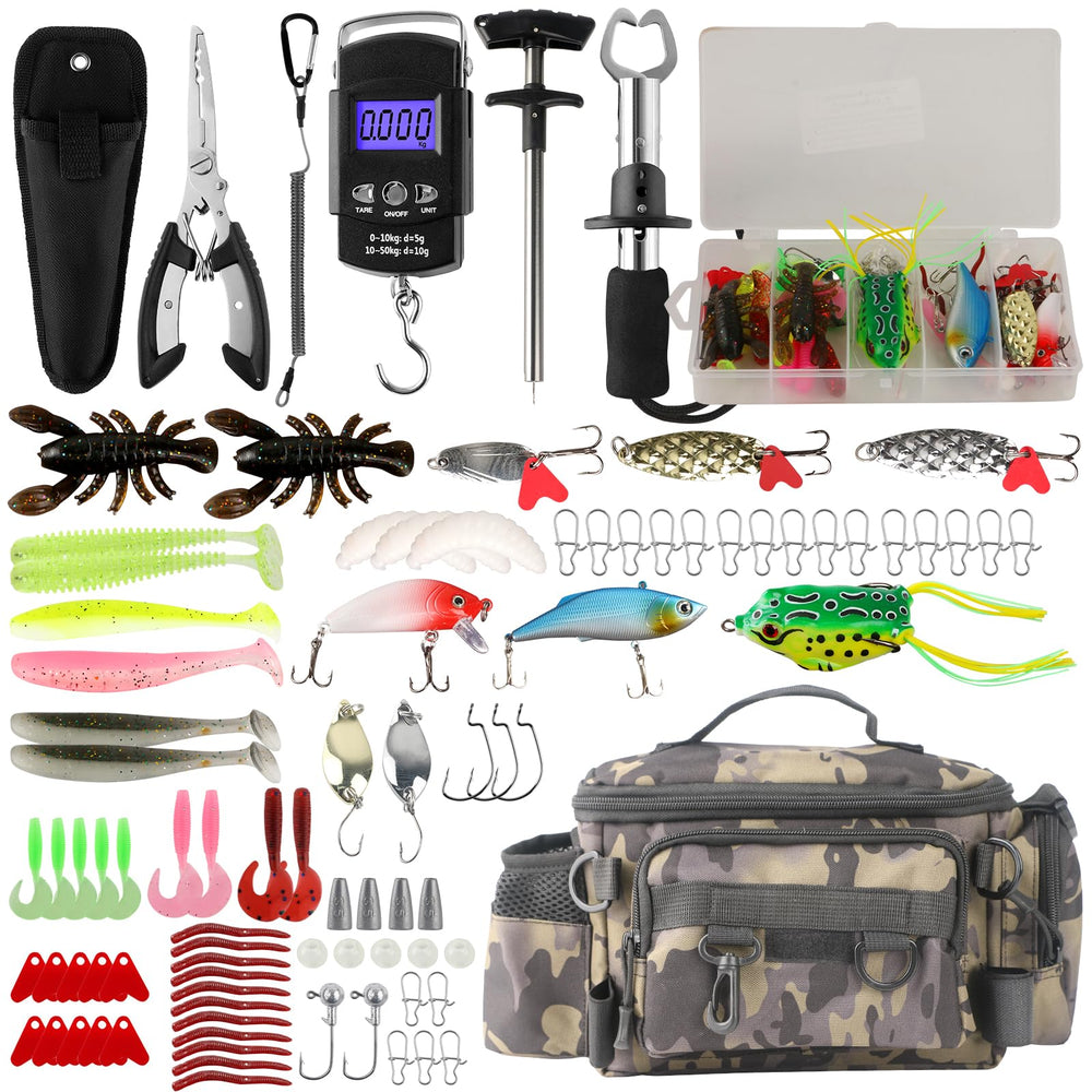 Front view of 113-piece fishing tool kit in camo