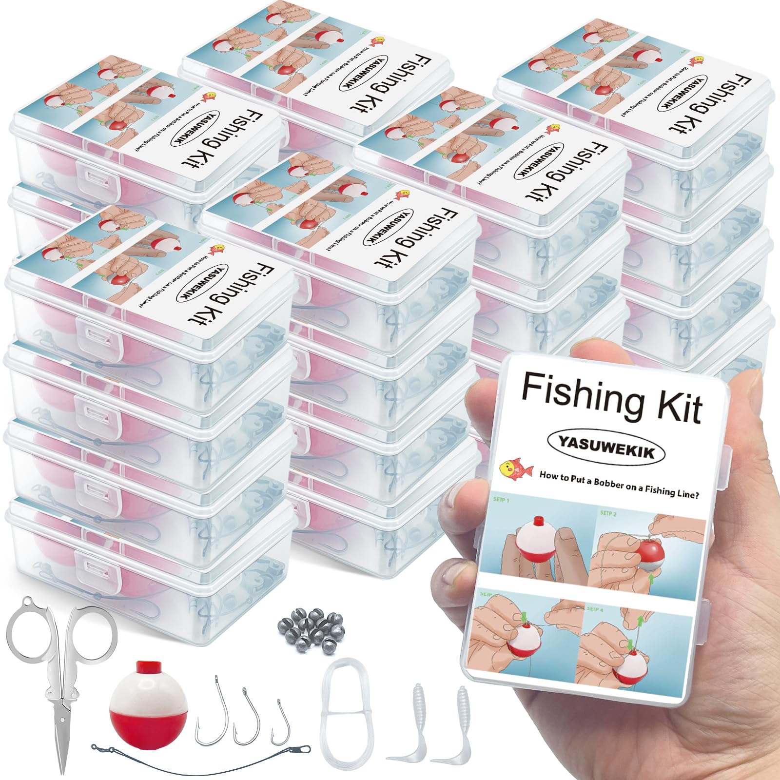 12-pack mini fishing kits arranged in a compact case