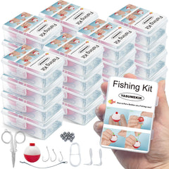 12-pack mini fishing kits arranged in a compact case