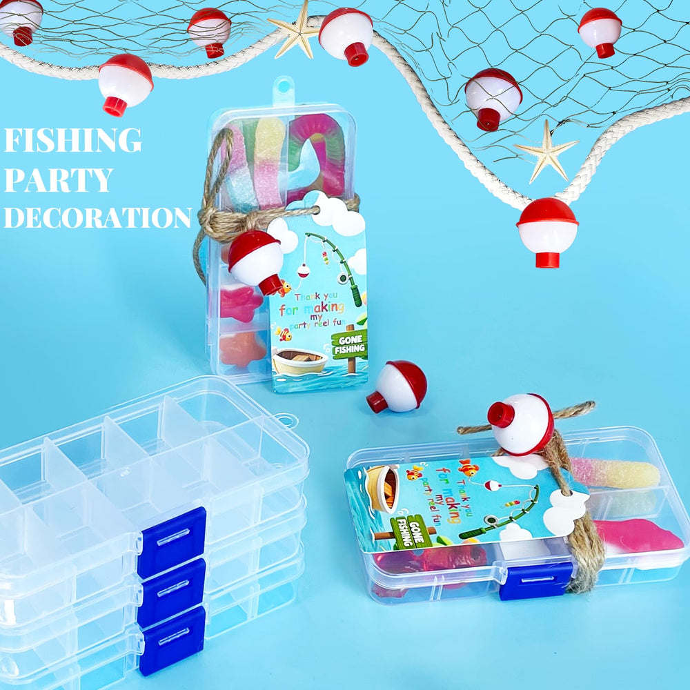 Gone Fishing themed party decorations with tackle boxes