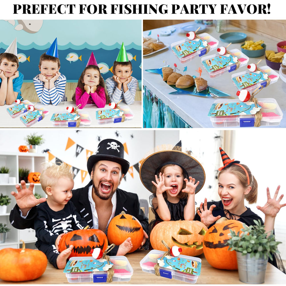 Gone Fishing party setup with 12 tackle boxes and cards