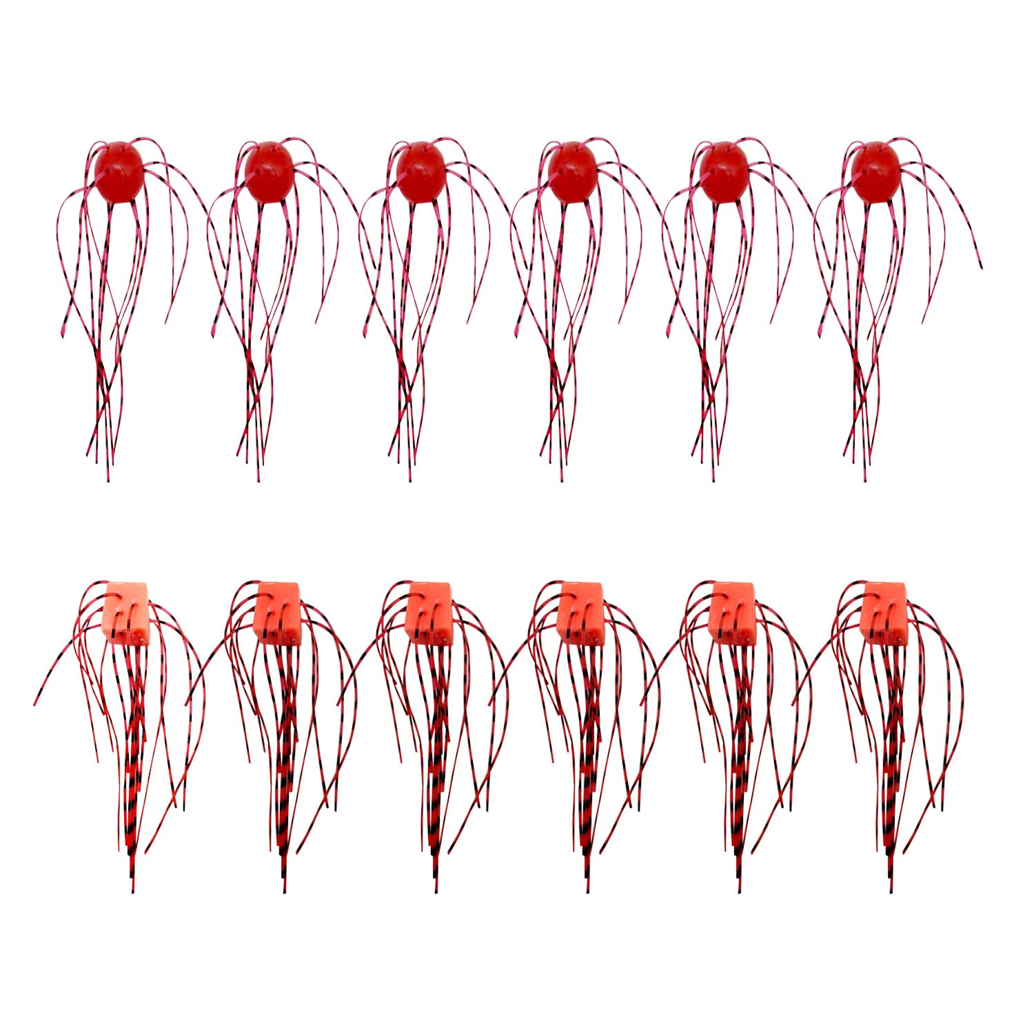 Red and pink silicone round and dice-shaped fishing lures set with multi-strand skirts