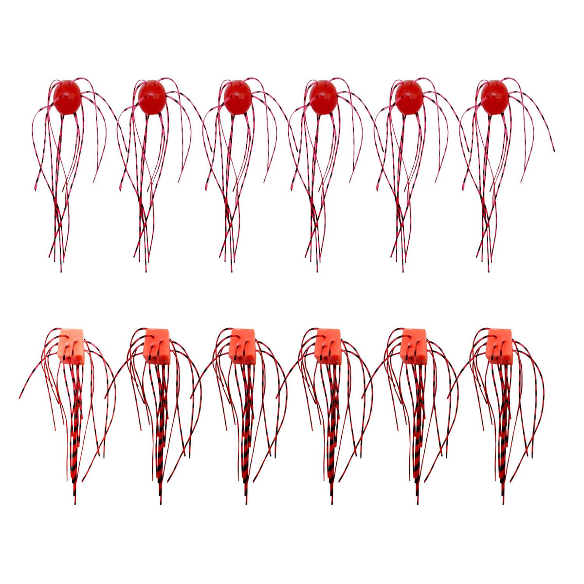 Red and pink silicone round and dice-shaped fishing lures set with multi-strand skirts