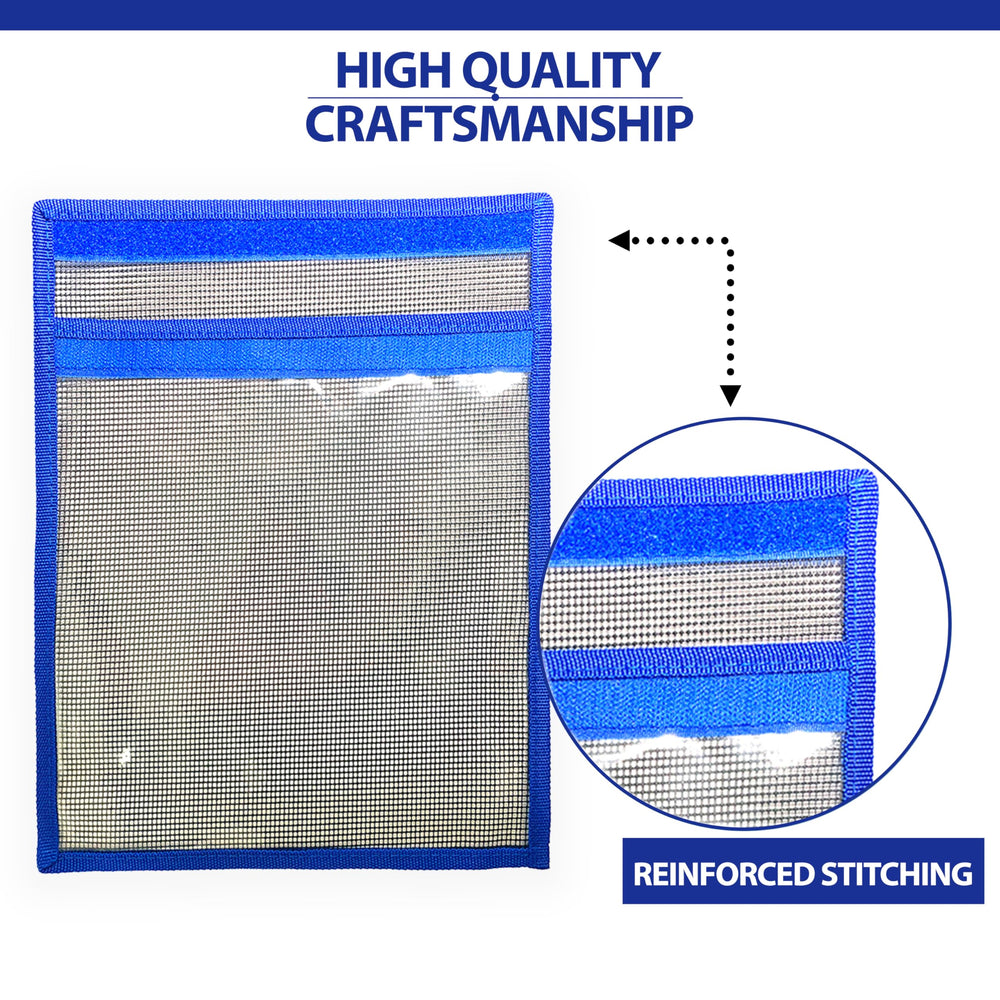 Blue lure bag open with clear vinyl front for easy lure identification