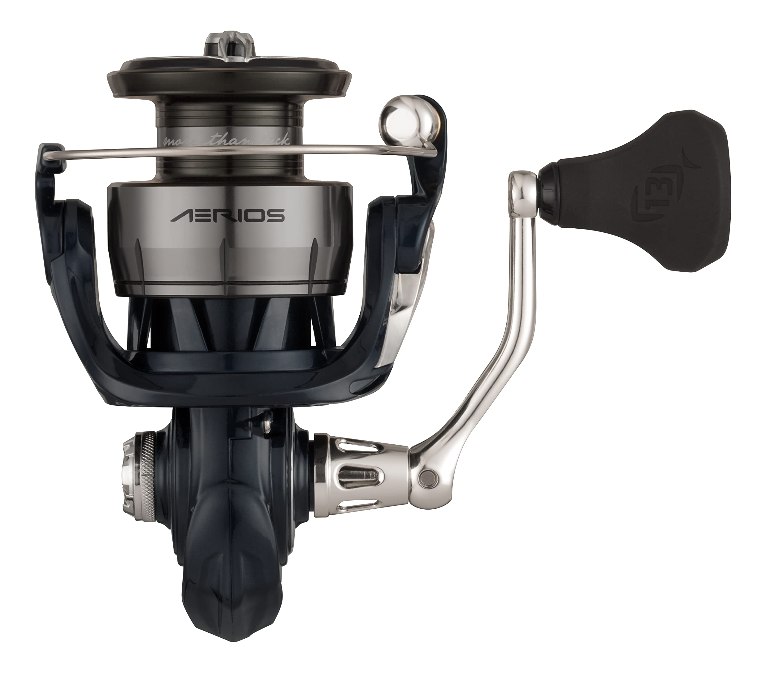 13 FISHING Aerios hybrid handle closeup shows ergonomic grip for long sessions.