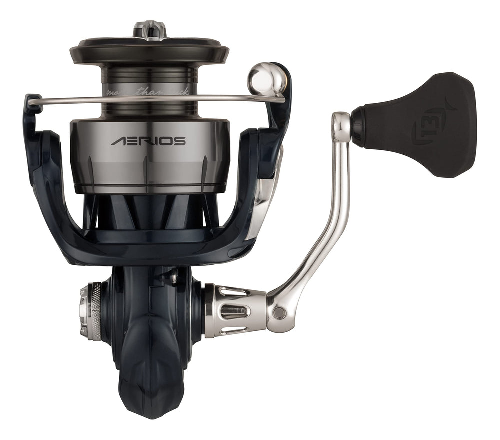 13 FISHING Aerios hybrid handle closeup shows ergonomic grip for long sessions.