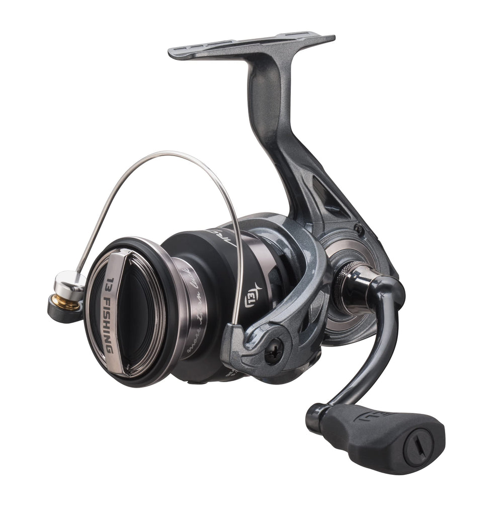 13 Fishing Architect A spinning reel side view highlights rugged carbon frame for harsh conditions.