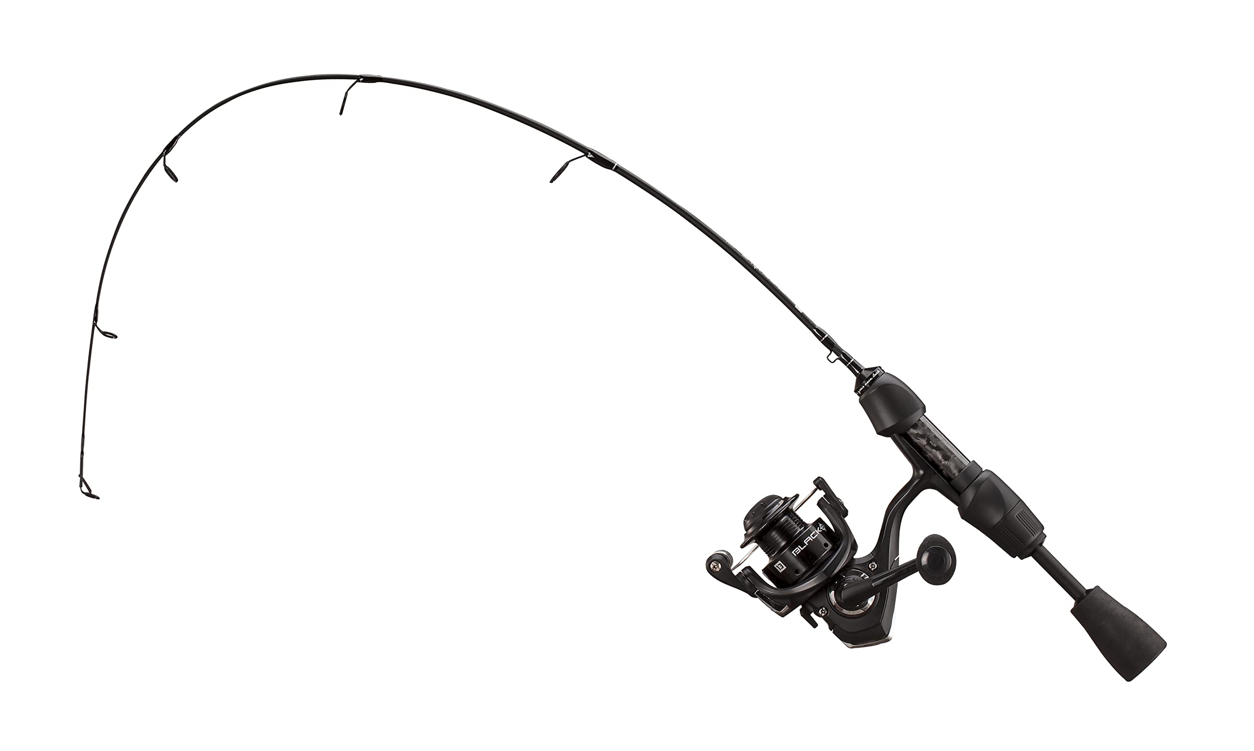 13 Fishing Blackout Ice Combo reel close-up highlighting instant anti-reverse for quick hooksets.