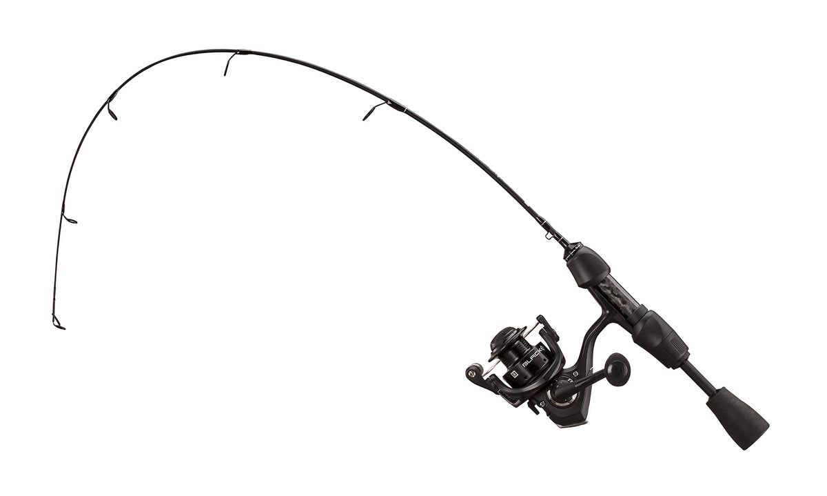 13 Fishing Blackout Ice Combo reel close-up highlighting instant anti-reverse for quick hooksets.